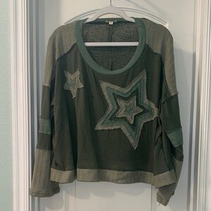 POL Green Star Embellished Long Sleeve Top